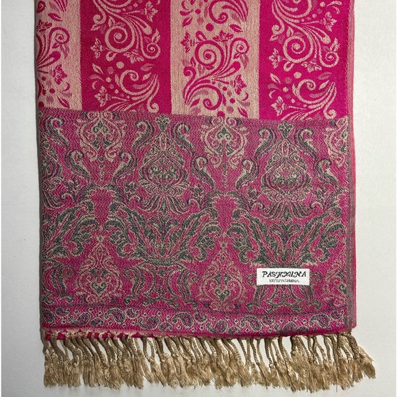 Pashmina Cashmere Scarf Wrap Rich Pink, Cream, Sage w/ Tassels Excellent Vintage - Picture 2 of 14